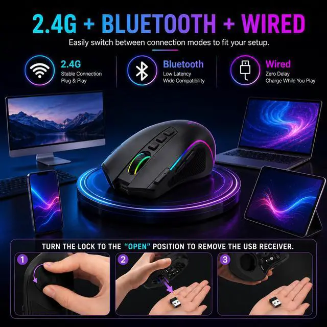 Alt view image 3 of 7 - Ergonomic Wireless Gaming Mouse, Tri-Mode, Rapid Fire Key, 8000 DPI