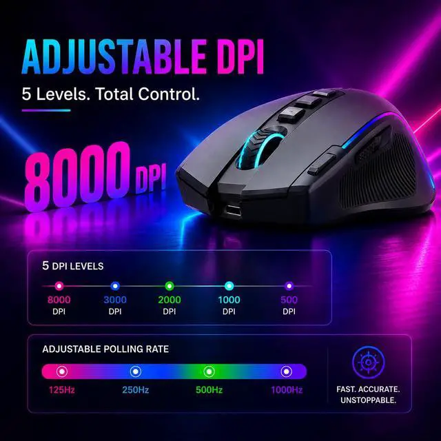 Alt view image 6 of 7 - Ergonomic Wireless Gaming Mouse, Tri-Mode, Rapid Fire Key, 8000 DPI