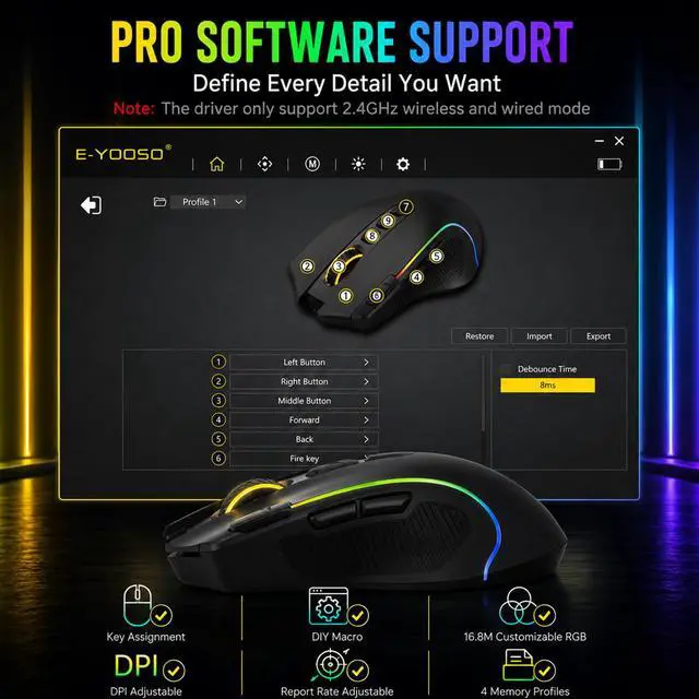 Alt view image 5 of 7 - Ergonomic Wireless Gaming Mouse, Tri-Mode, Rapid Fire Key, 8000 DPI