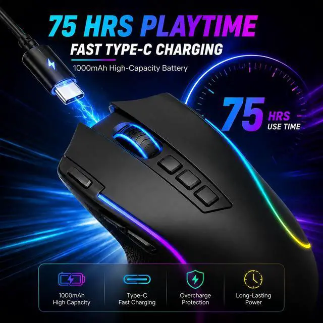 Alt view image 7 of 7 - Ergonomic Wireless Gaming Mouse, Tri-Mode, Rapid Fire Key, 8000 DPI