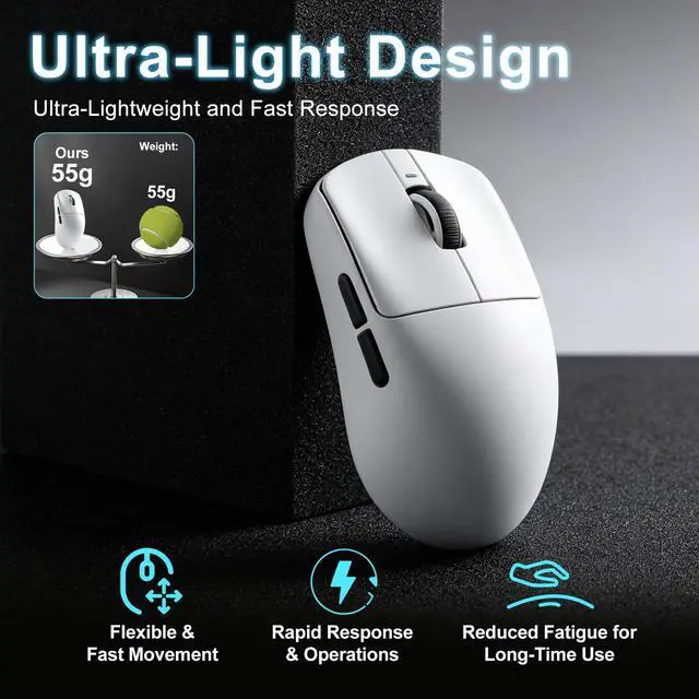 Alt view image 5 of 7 - Wireless Gaming Mouse, 18000 DPI,PAW3395 SE Sensor,55g Lightweight,Tri-Mode 2.4G/BT5.0/USB-C Mouse, Programmable Ergonomic Mice Suitable for Laptops/PC/Mac (White)