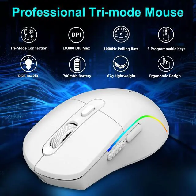 Alt view image 2 of 7 - Wireless Gaming Mouse, 10,000 DPI, 6 Programmable Buttons, White