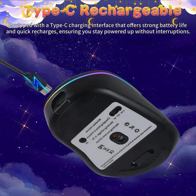 Alt view image 4 of 6 - Bluetooth Wireless Mouse with Starry Sky RGB Backlight& Gradient Breathing Light - Ergonomic Dual Mode Rechargeable Mouse, Type-C Charging - Perfect for Office, Gaming & Travel (Balck)