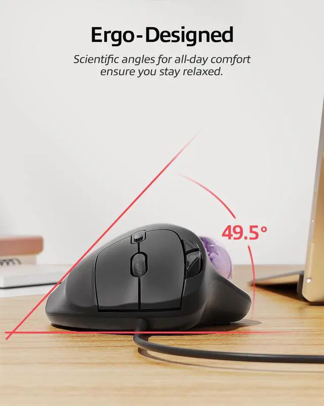 Alt view image 3 of 7 - Wired Trackball Mouse Ergonomic Thumb Control Type C USB-Purple