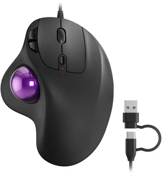 Main image of Wired Trackball Mouse Ergonomic Thumb Control Type C USB-Purple
