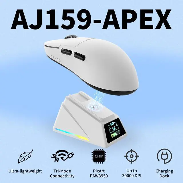 Alt view image 2 of 6 - Wireless Gaming Mouse with TFT Color Screen Charging Dock, 56g Ultra-Lightweight Ambidextrous Mice, PAW3950 Sensor, Tri-Mode, White
