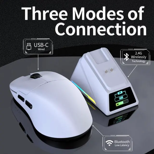 Alt view image 3 of 6 - Wireless Gaming Mouse with TFT Color Screen Charging Dock, 56g Ultra-Lightweight Ambidextrous Mice, PAW3950 Sensor, Tri-Mode, White