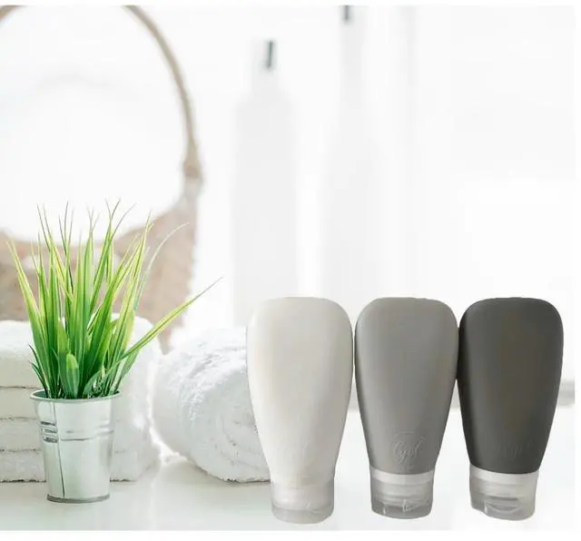Alt view image 2 of 7 - Travel Bottles for Toiletries, TSA Approved 3oz (90ml) Leak Proof Silicone Refillable Squeeze Travel Size Containers BPA Free for Cleansers, Lotions, Shampoo 3-pk (Black-Gray-White)