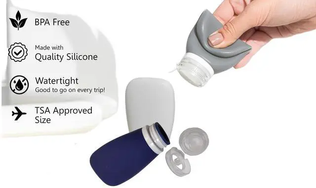 Alt view image 5 of 7 - Travel Bottles for Toiletries, TSA Approved 3oz (90ml) Leak Proof Silicone Refillable Squeeze Travel Size Containers BPA Free for Cleansers, Lotions, Shampoo 3-pk (Black-Gray-White)
