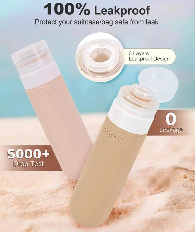 Alt view image 3 of 7 - Travel Bottles for Toiletries, Original Patented Leak Proof Travel Size Containers, 3 oz Tsa Approved Silicone Shampoo and Conditioner Bottles, 4 Pack, Brown