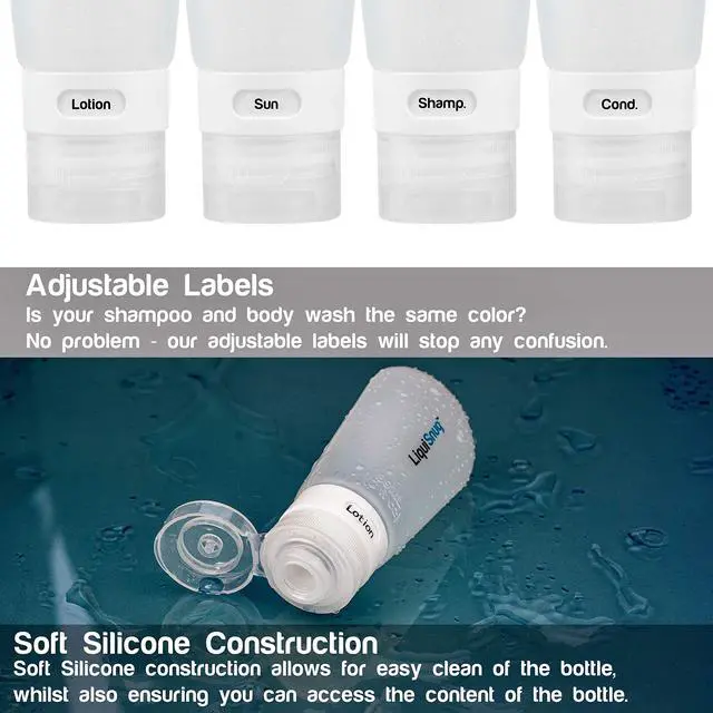 Alt view image 3 of 5 - Guaranteed Leak Proof Silicone Travel Bottles For Toiletries - TSA Approved Container. Premium Range Travel Shampoo Bottles with Suction Cups and Adjustable Labels
