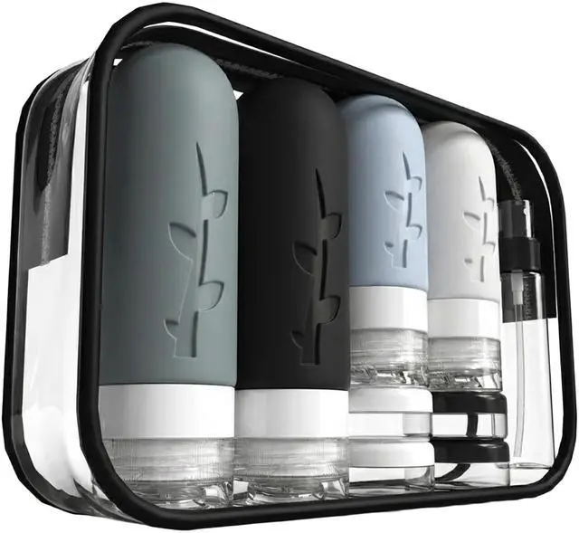 Main image of Travel Bottles Kit (16 Pack) - TSA Approved, Leak Proof Silicone Squeezable Containers for Toiletries. Complete Set with Jars, Sprayers & Bag (Black)