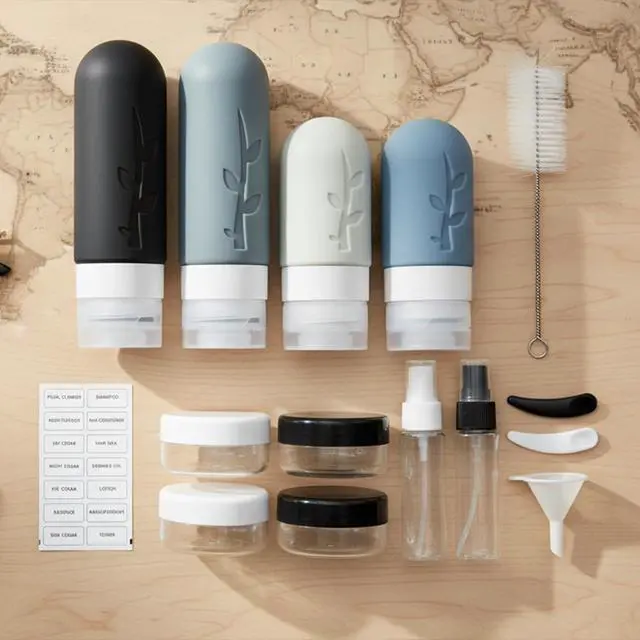 Alt view image 2 of 7 - Travel Bottles Kit (16 Pack) - TSA Approved, Leak Proof Silicone Squeezable Containers for Toiletries. Complete Set with Jars, Sprayers & Bag (Black)