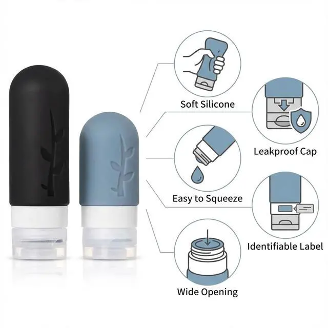 Alt view image 3 of 7 - Travel Bottles Kit (16 Pack) - TSA Approved, Leak Proof Silicone Squeezable Containers for Toiletries. Complete Set with Jars, Sprayers & Bag (Black)