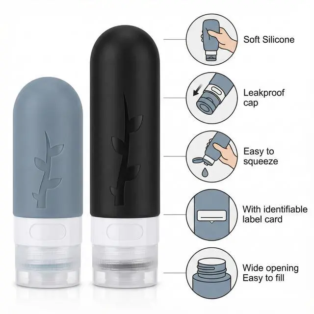 Alt view image 6 of 7 - Travel Bottles Kit (16 Pack) - TSA Approved, Leak Proof Silicone Squeezable Containers for Toiletries. Complete Set with Jars, Sprayers & Bag (Black)