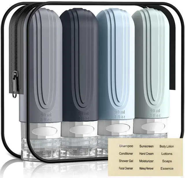 Main image of Travel Bottles for Toiletries, 3oz TSA Approved Travel Size Toiletries, Silicone Leak-Proof Refillable Containers, Squeezable Liquid Essentials Bottles W/Clear Bag (GRAY)