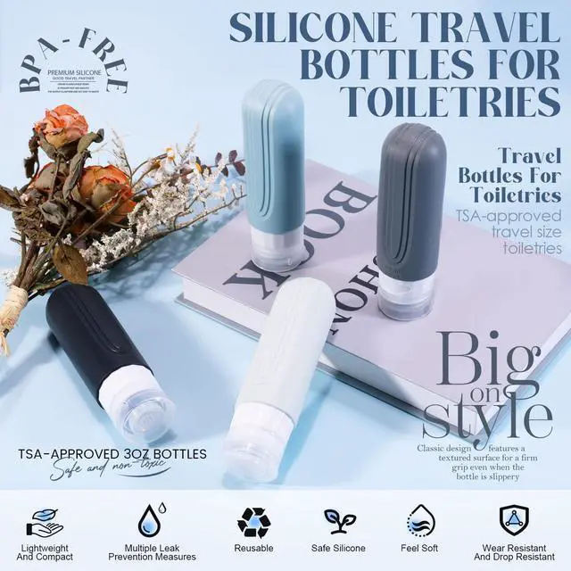 Alt view image 2 of 7 - Travel Bottles for Toiletries, 3oz TSA Approved Travel Size Toiletries, Silicone Leak-Proof Refillable Containers, Squeezable Liquid Essentials Bottles W/Clear Bag (GRAY)