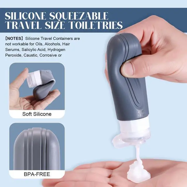 Alt view image 3 of 7 - Travel Bottles for Toiletries, 3oz TSA Approved Travel Size Toiletries, Silicone Leak-Proof Refillable Containers, Squeezable Liquid Essentials Bottles W/Clear Bag (GRAY)