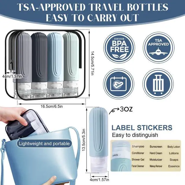 Alt view image 5 of 7 - Travel Bottles for Toiletries, 3oz TSA Approved Travel Size Toiletries, Silicone Leak-Proof Refillable Containers, Squeezable Liquid Essentials Bottles W/Clear Bag (GRAY)