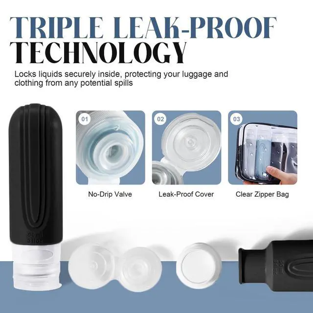 Alt view image 4 of 7 - Travel Bottles for Toiletries, 3oz TSA Approved Travel Size Toiletries, Silicone Leak-Proof Refillable Containers, Squeezable Liquid Essentials Bottles W/Clear Bag (GRAY)