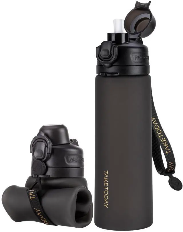 Main image of Collapsible Water Bottles with Straw for Travel, 21oz, Black