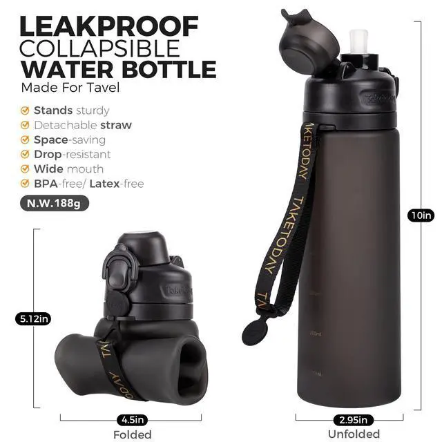 Alt view image 2 of 7 - Collapsible Water Bottles with Straw for Travel, 21oz, Black