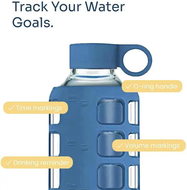 Alt view image 3 of 7 - Borosilicate Glass Water Bottle with Time & Volume Markers, Silicone Sleeve, Stainless Steel Lid Reusable Glass Bottle for Water & Juice (32oz Chinese Porcelain)