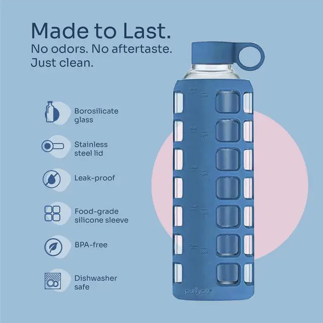 Alt view image 4 of 7 - Borosilicate Glass Water Bottle with Time & Volume Markers, Silicone Sleeve, Stainless Steel Lid Reusable Glass Bottle for Water & Juice (32oz Chinese Porcelain)