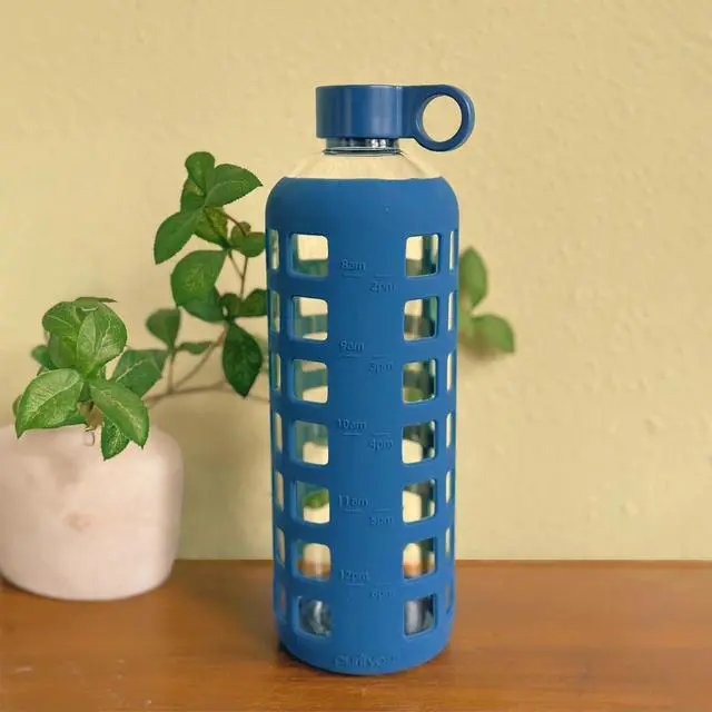 Alt view image 7 of 7 - Borosilicate Glass Water Bottle with Time & Volume Markers, Silicone Sleeve, Stainless Steel Lid Reusable Glass Bottle for Water & Juice (32oz Chinese Porcelain)