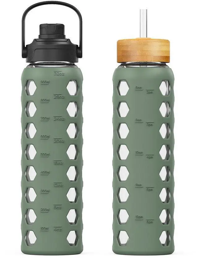Main image of Glass Water Bottle, 32oz, Olive