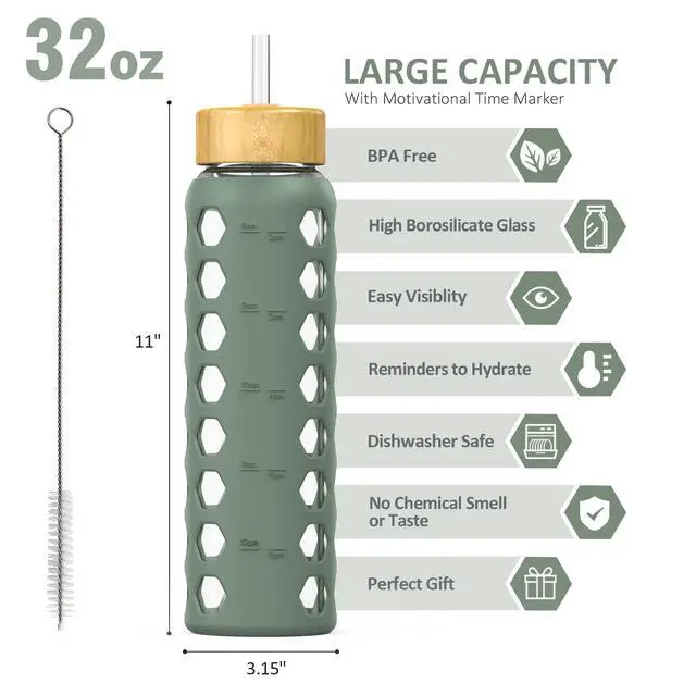 Alt view image 2 of 7 - Glass Water Bottle, 32oz, Olive