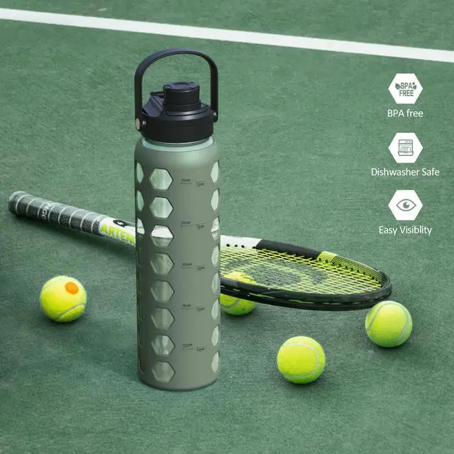 Alt view image 7 of 7 - Glass Water Bottle, 32oz, Olive