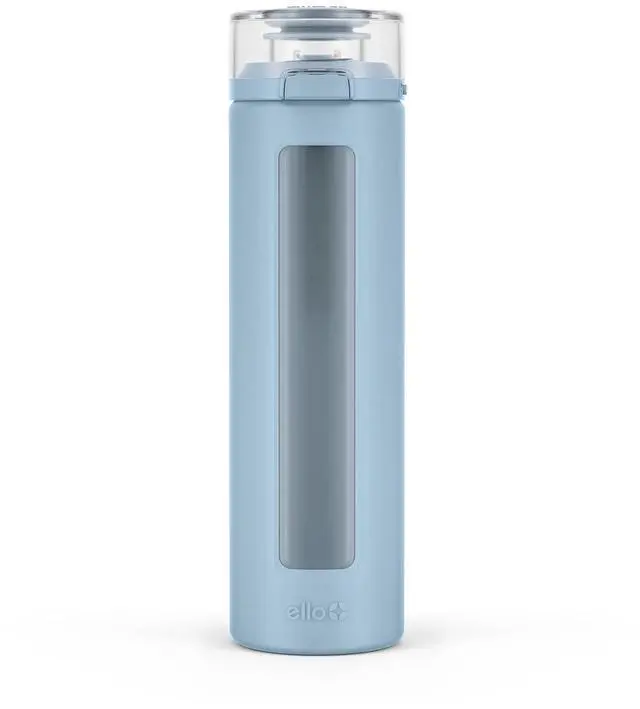Main image of Glass Water Bottle with Flip Lid and Sleeve, Tech Blue