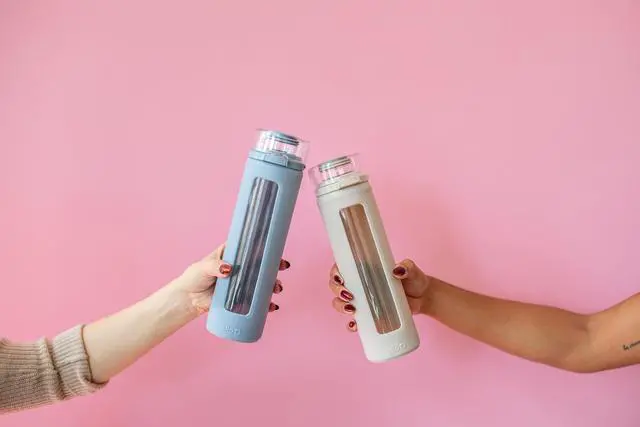 Alt view image 2 of 7 - Glass Water Bottle with Flip Lid and Sleeve, Tech Blue