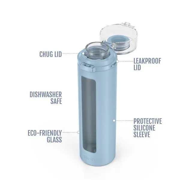 Alt view image 3 of 7 - Glass Water Bottle with Flip Lid and Sleeve, Tech Blue