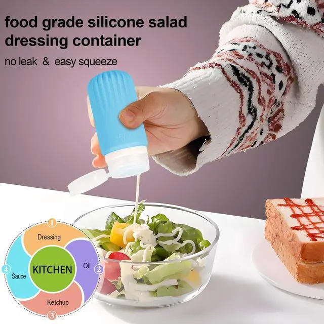 Alt view image 2 of 7 - Condiment Squeeze Bottles for Sauce, Silicone 2 OZ Salad Dressing Container To Go, Leakproof Sauce Containers for Lunch Box, Travel Size BPA-Free Dressing Bottle (with cleaning brush)