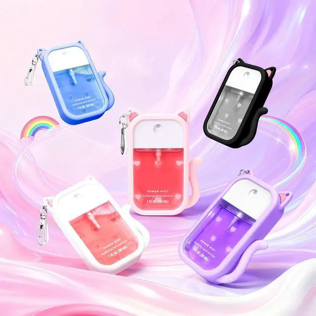 Alt view image 4 of 6 - Cat Silicone Case for Touchland Hand Sanitizer Spray with Keychain, Compatible with Power Mist & Glow Mist 1 FL Oz/30ML for Touchland Case, with Charms Accessory Cute Travel Cover Sleeve Purple