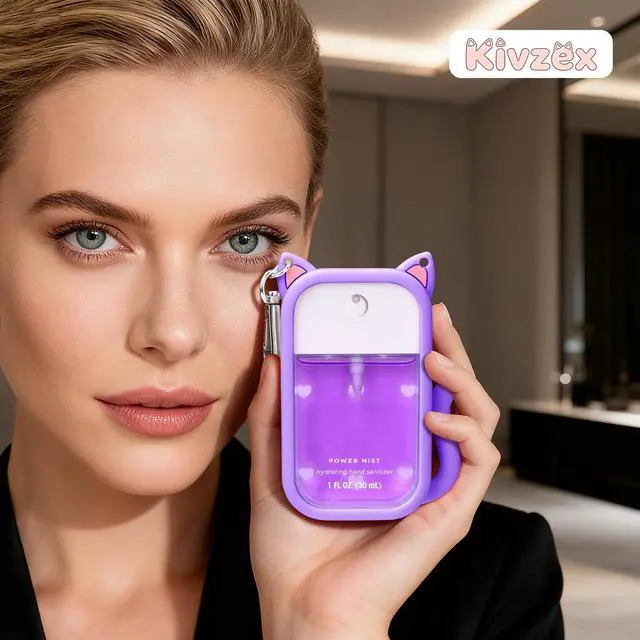Alt view image 6 of 6 - Cat Silicone Case for Touchland Hand Sanitizer Spray with Keychain, Compatible with Power Mist & Glow Mist 1 FL Oz/30ML for Touchland Case, with Charms Accessory Cute Travel Cover Sleeve Purple