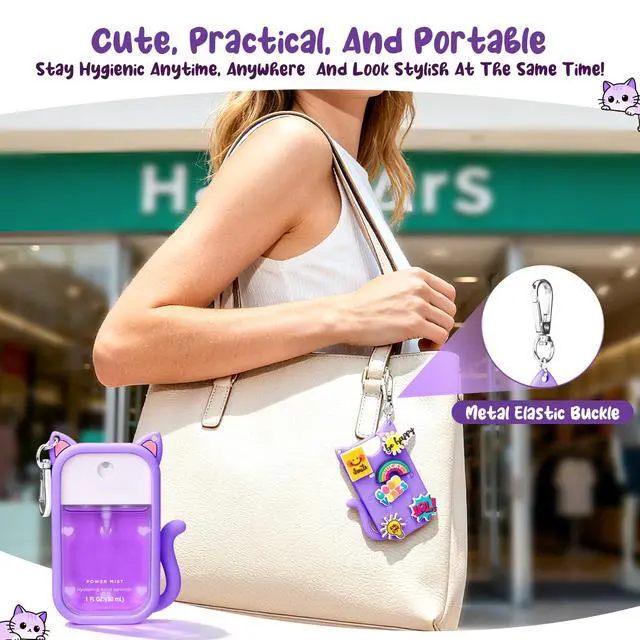 Alt view image 2 of 6 - Cat Silicone Case for Touchland Hand Sanitizer Spray with Keychain, Compatible with Power Mist & Glow Mist 1 FL Oz/30ML for Touchland Case, with Charms Accessory Cute Travel Cover Sleeve Purple
