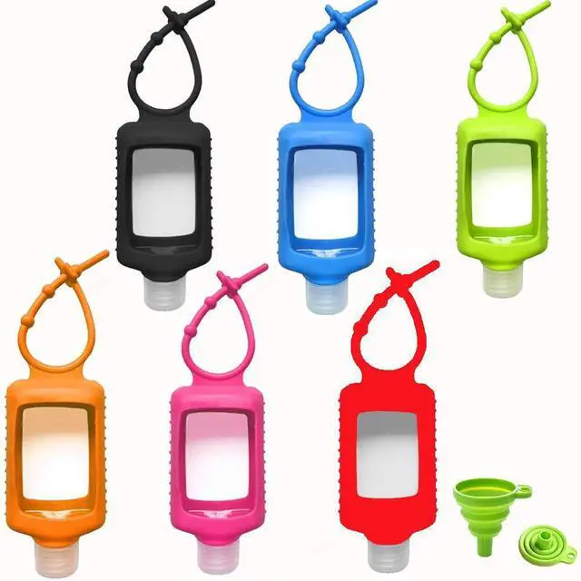 Main image of Travel Plastic Clear Bottles with Silicone Sleeve 6 Pack, Pocket Hand Sanitizer Bottle Refillable Bottle with Keychain Holder, 2oz/60ml Leakproof Empty Squeeze Container Flip Cap, Random Color