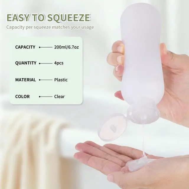 Alt view image 2 of 6 - Empty Shampoo Bottles 6.7oz, Clear Flip Cap Refillable Plastic, 4 Pack Set
