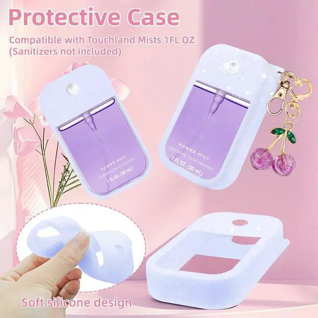 Alt view image 2 of 7 - Hand Sanitizer Spray Case Compatible with Touchland Power Mist 1 oz(30 ml) - with Cherry keychain Silicone Protective Cover Accessories for Touchland (Glittery purple)
