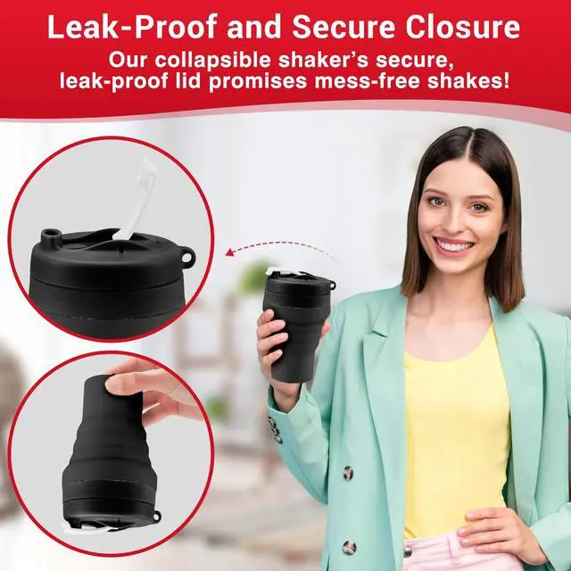 Alt view image 3 of 7 - Collapsible Protein Shaker Bottle: 20 Oz Travel-Friendly Shaker Cups, Black