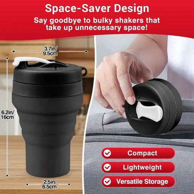 Alt view image 2 of 7 - Collapsible Protein Shaker Bottle: 20 Oz Travel-Friendly Shaker Cups, Black