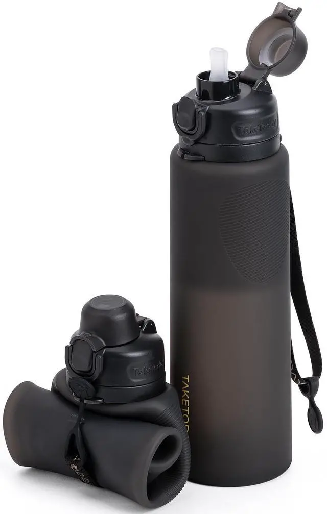 Main image of Collapsible Water Bottles with Straw for International Travel, 32oz Black