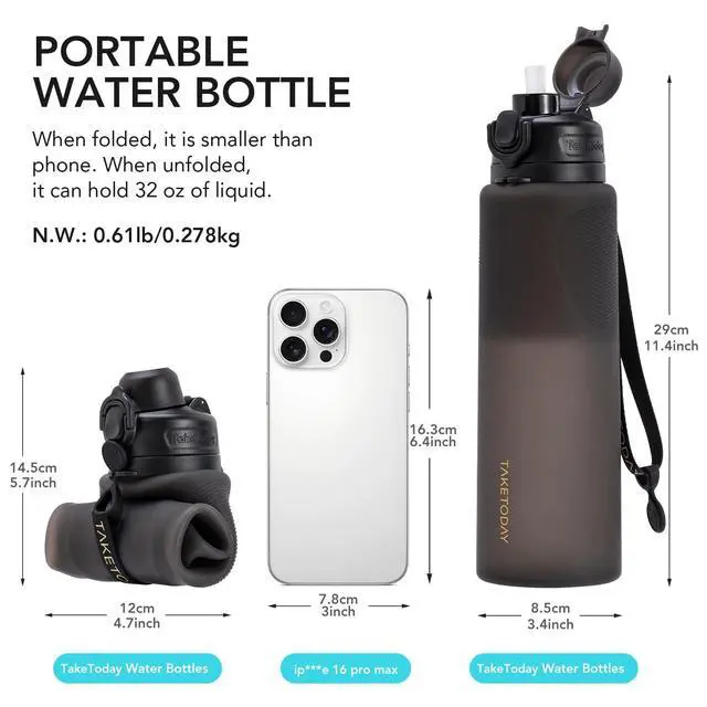 Alt view image 3 of 7 - Collapsible Water Bottles with Straw for International Travel, 32oz Black