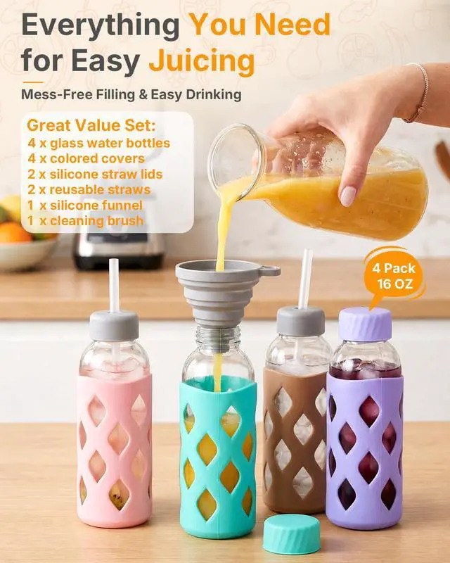 Alt view image 2 of 7 - Glass Water Bottles with Protective Silicone Sleeve Leak Proof
