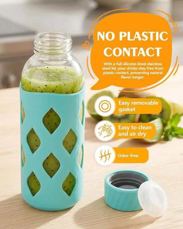 Alt view image 4 of 7 - Glass Water Bottles with Protective Silicone Sleeve Leak Proof
