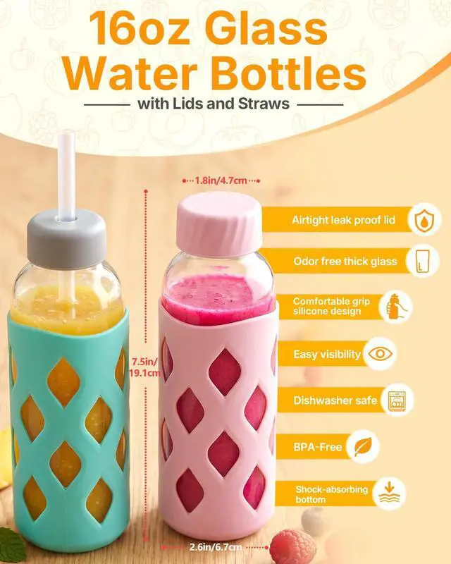 Alt view image 6 of 7 - Glass Water Bottles with Protective Silicone Sleeve Leak Proof