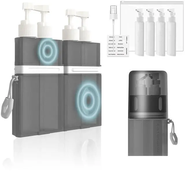 Main image of Travel Toiletry Containers,TSA Approved Refillable Travel Size Toiletries Bottles Set with Suction Cup for Smooth Walls - for Shampoo,Conditioner,Body Wash,Lotion.(Grey)